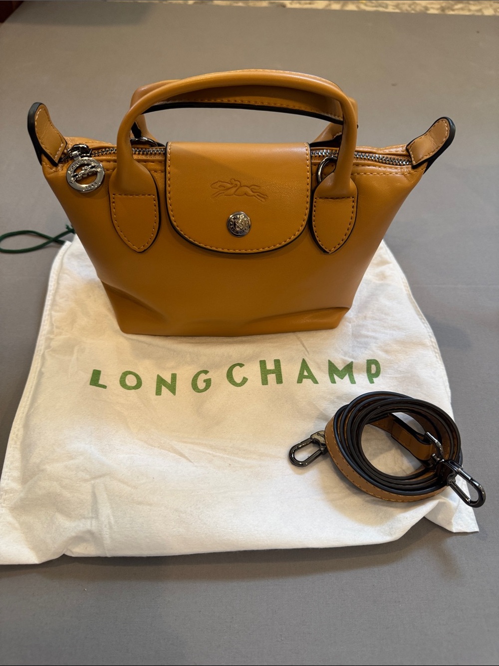 Longchamp Mini Le Pliage Cuir Top-Handle Bag in Mustard Yellow